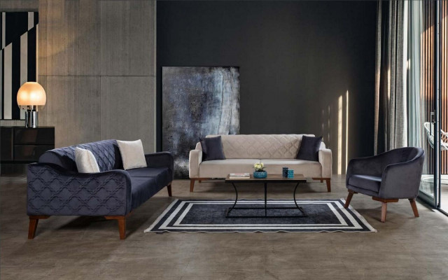 Wunnzëmmer Sofagarnitur Sofa 3+3+1 Blo Polsterset Fauteuil Textil