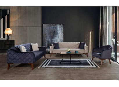 Wunnzëmmer Sofagarnitur Sofa 3+3+1 Blo Polsterset Fauteuil Textil