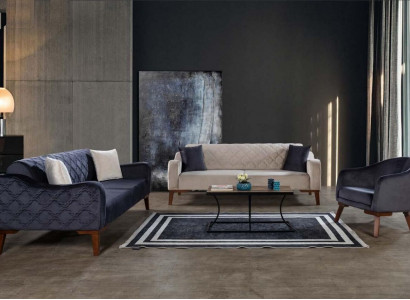 Wunnzëmmer Sofagarnitur Sofa 3+3+1 Blo Polsterset Fauteuil Textil