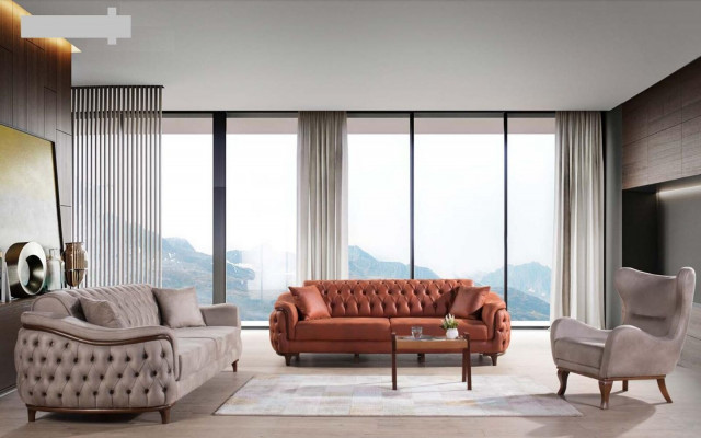 Canapé-Set Canapé-Garnitur Komplett Garnitur Canapé Fauteuil Orange 3+3+1 Sitz Miwwelen