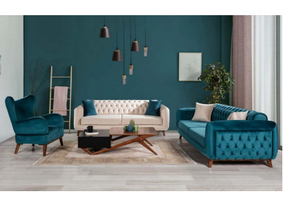 Divan Set 3+3+1 Polster Couch Stoff Wunnzëmmer Chesterfield 3tlg