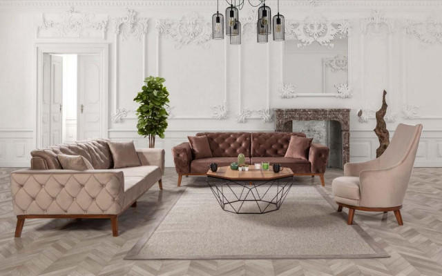 Sofa-Set Sofa 3+3+1 Sëtz Brong Fotell Stoff Chesterfield Samett.
