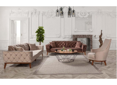 Sofa-Set Sofa 3+3+1 Sëtz Brong Fotell Stoff Chesterfield Samett.