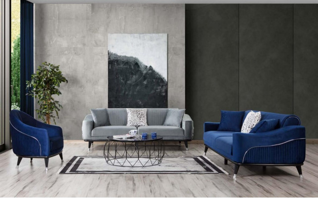 Sofa Garnitur 3+3+1 Sëtz Sofen Polster Couchen Holz gro blo Samett