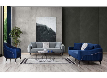 Sofa Garnitur 3+3+1 Sëtz Sofen Polster Couchen Holz gro blo Samett