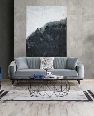 Sofa Garnitur 3+3+1 Sëtz Sofen Polster Couchen Holz gro blo Samett