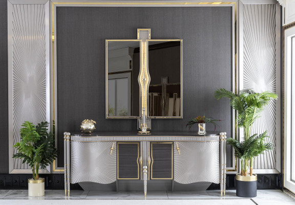 Spigel Gold Wunnzëmmer Stil Modern Miwwelen Wandspigel Design Elegantes Neit