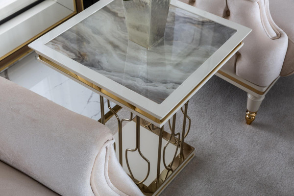 Niewentdësch Wäiss Canapé Dësch Luxus Wunnzëmmer Miwwelen Metall Elegant Modern
