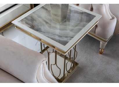Niewentdësch Wäiss Canapé Dësch Luxus Wunnzëmmer Miwwelen Metall Elegant Modern