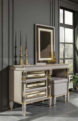 Schlofzëmmer Set Beige Kommode Spigel Metall Miwwelen Design Miwwelen 2 Deeler.