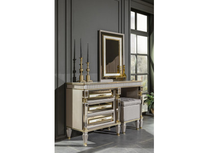 Schlofzëmmer Set Beige Kommode Spigel Metall Miwwelen Design Miwwelen 2 Deeler.