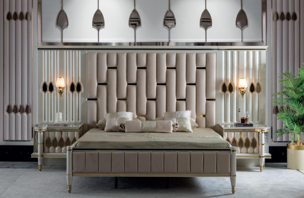 Bett Beige Metall Miwwelen Elegante Design Schlofzëmmer Miwwelen Luxus Nei