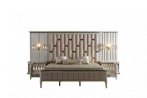 Bett Beige Metall Miwwelen Elegante Design Schlofzëmmer Miwwelen Luxus Nei