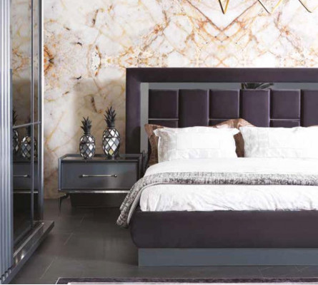 Modern Schlofzëmmer Set Gri Bett 2x Nuetsschaf Kleederschaaf Kommode 5stéckeg.