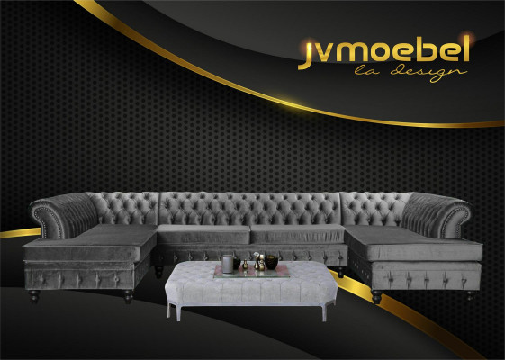 Set Luxus Modern Ecksofa U-Form Chesterfield an Dësch Couch Stoff Wunnzëmmer