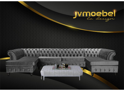 Set Luxus Modern Ecksofa U-Form Chesterfield an Dësch Couch Stoff Wunnzëmmer