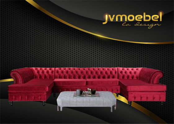 Set Luxus Modern Ecksofa U-Form Chesterfield an Dësch Couch Stoff Wunnzëmmer