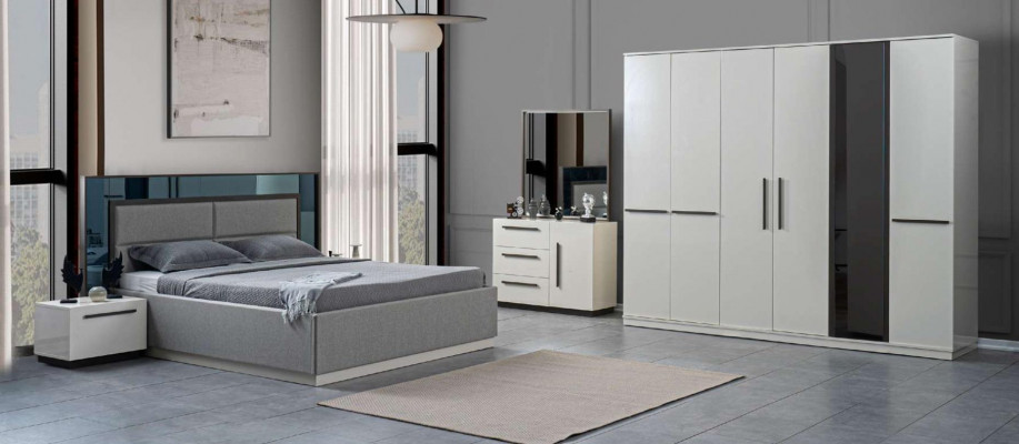 Bett + 2x Nachtkäschten 5-delig. Schlofkummer Designer Luxus Miwwelen Modern Set