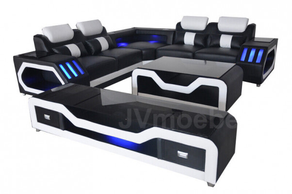 3 Stéck Set Lieder Sofa Canapé Garnitur Eck Sëtz Këssen + Dësch + RTV L-Form Nei
