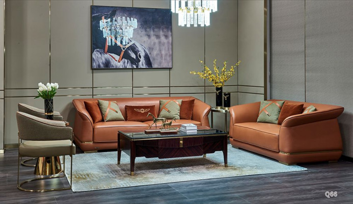 Modern Sofa Garnitur 3+2 Sëtzer Design Ledersofa Couche Lieder Orange