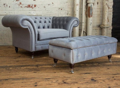 Chesterfield Hocker Fouss Sëtz Polster Ottoman Niewent Détente Textil Lieder Nei