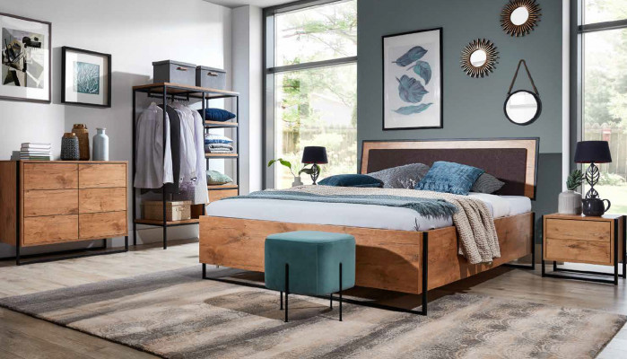 5-Stéck komplett Set Holz Schlofkummer Loftstil Design Bett Kommode Schaf