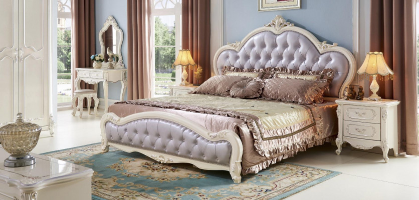 Bett Schlofzëmmer Set Massivholz Modern Luxus Chesterfield 2x Nuetsdësch 3 Stéck.