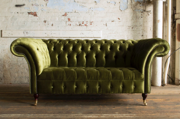 Klassesch Sofa 2 Sëtzer Chesterfield Couch Textil Samt Kristaller Gréng Samt Nei