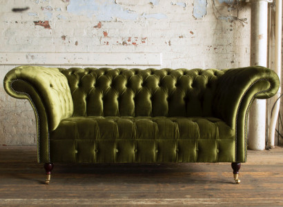 Klassesch Sofa 2 Sëtzer Chesterfield Couch Textil Samt Kristaller Gréng Samt Nei