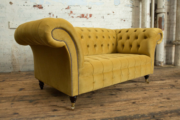 Chesterfield Sofa 2 Sëtzer Polster Designer Couchen Sofas Garnitur Giel Samt Nei