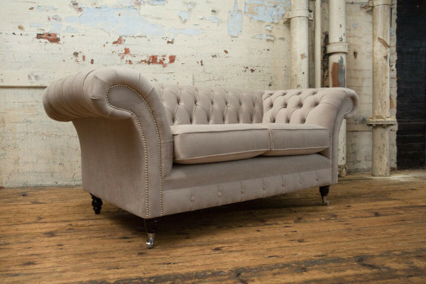 Chesterfield Sofa 2 Sëtz Polster Designer Couchen Sofas Garnitur Beige Samt