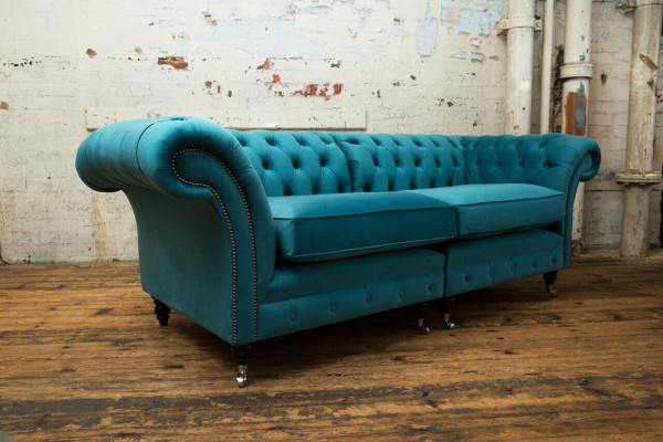 Chesterfield Sofa 3-Sëtzer Couch Polster Setz Textil Stoft Lieder Couchen Turkis