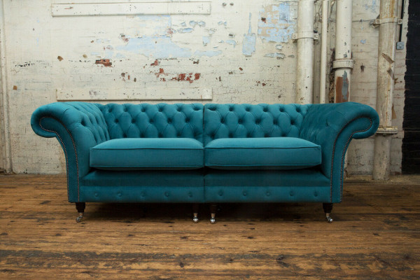 Chesterfield Sofa 3-Sëtzer Couch Polster Setz Textil Stoft Lieder Couchen Turkis