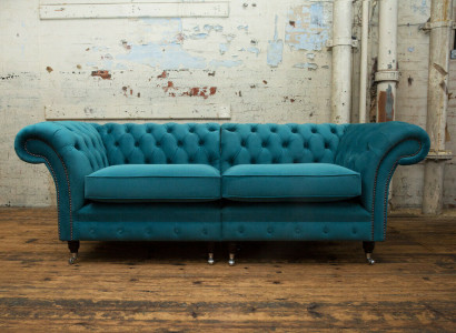 Chesterfield Sofa 3-Sëtzer Couch Polster Setz Textil Stoft Lieder Couchen Turkis