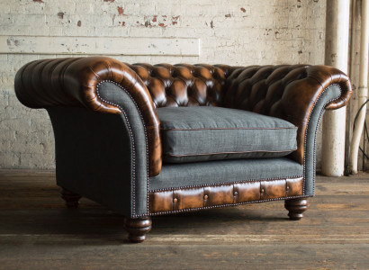 Chesterfield Design Stoff Kanapee Fauteuil 1.5 Sëtzer Polster Canapé Lounge Neit Club