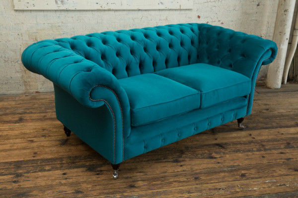 Chesterfield Canapé 2-Sëtz Polster Designer Canapéë Sofas Garnitur Türkis Samt Nei