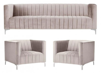 Beige Sofagarnitur Chesterfield Miwwelen Modern Design Textil Wunnzëmmer Couchen