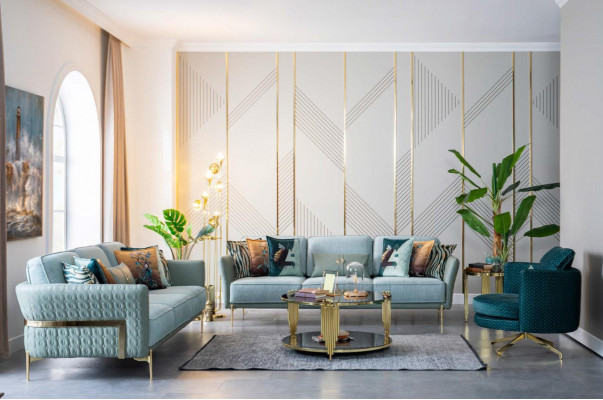 Villen Miwwelen Sëtz Polster Garnitur Sofagarnitur Couch Set Türkis Textil Stoff
