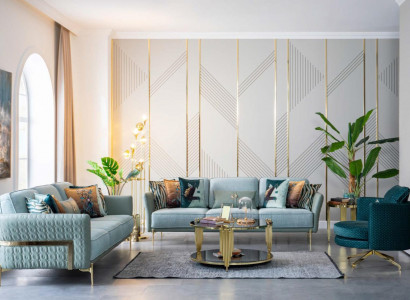 Villen Miwwelen Sëtz Polster Garnitur Sofagarnitur Couch Set Türkis Textil Stoff