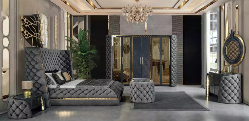 Chesterfield Schlofkummer Set Bett 2x Nuetsdëscher Schminktisch Schaf 5-Teile-Set