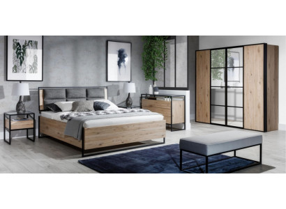 Schlofzëmmer Set Beige Bett 2x Nuetsdëscher Kommode Kleederschaf Nei 5stëck.