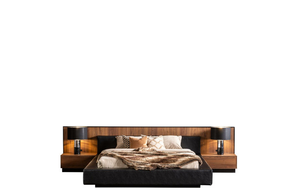 Bettfaarf Schwaarz Moderne Stil Luxus Bett + 2x Nuetsdëscher fir Schlofzëmmer