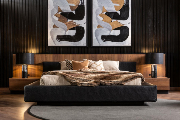 Bettfaarf Schwaarz Moderne Stil Luxus Bett + 2x Nuetsdëscher fir Schlofzëmmer