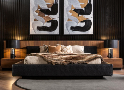 Bettfaarf Schwaarz Moderne Stil Luxus Bett + 2x Nuetsdëscher fir Schlofzëmmer