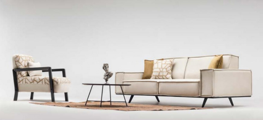 Komplett Sofa Stoffsofa Zwee-Sëtzer Fauteuil Beige Polstersofa Modern