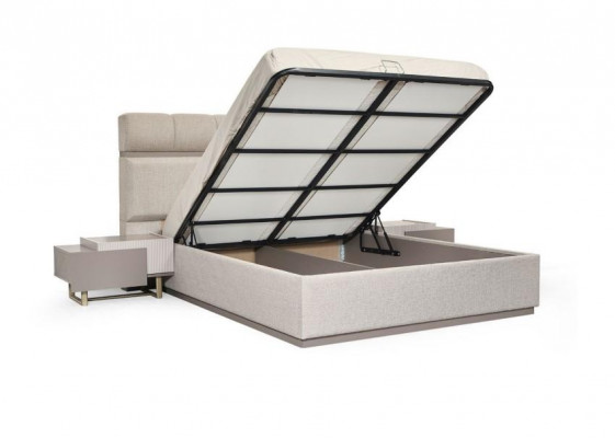 Komplett Doppelbett Nuetsdëscher Schlofzëmmer Bett Beige 3-Deeler Holz Set