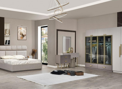 Schlofzëmmer Set Duebelbett Nuetsdëscher Schaf Konsol Beige 5-Stéck