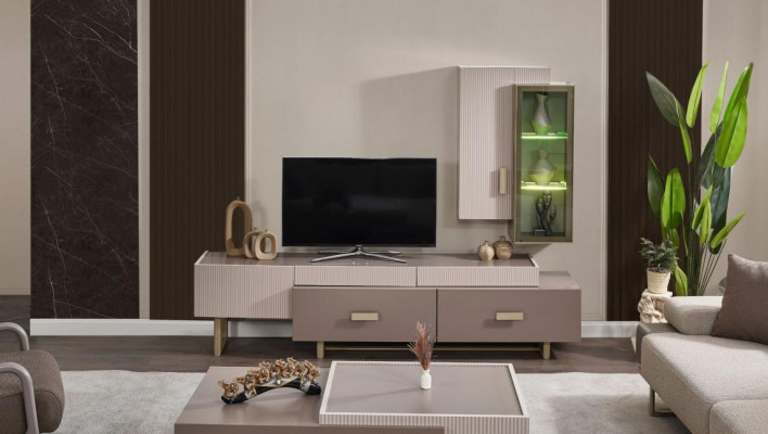 Wunnzëmmer TV Stänner Wandregal RTV Lowboard Holz Beige Dësch Grupp