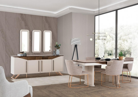 Iessgrupp Iesszëmmer Iesseck Iessdësch Stull Kommode Holz Beige 8-Teileg