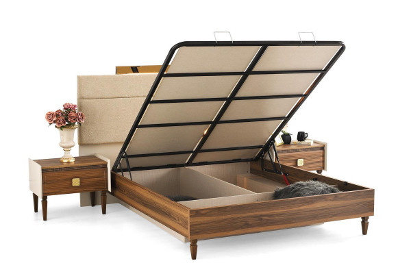 Braun-beige Schlofkummer-Set Designer Duebelbett 2x Nuetskonsolen 3 Deeler